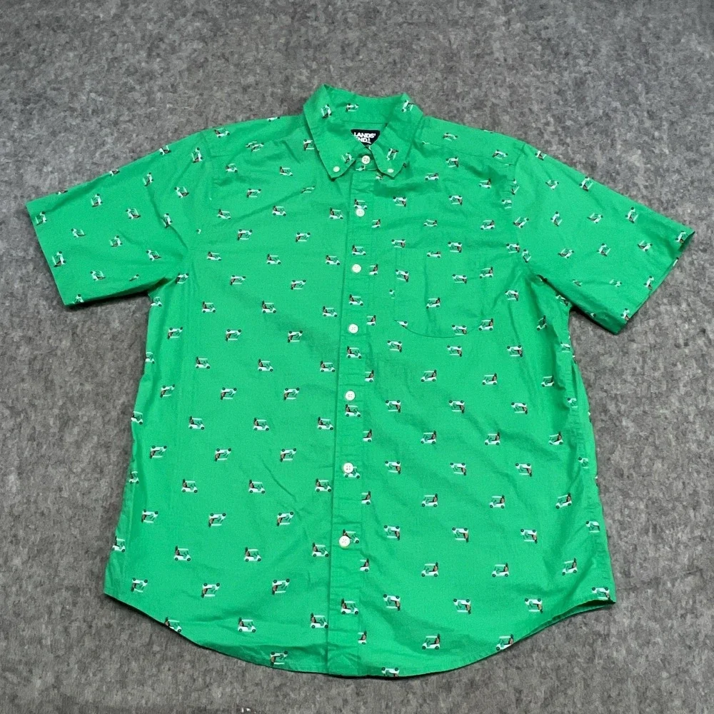 Lands End Shirt Mens M Green Golf Cart Print Short Sleeve Button Traditional Fit